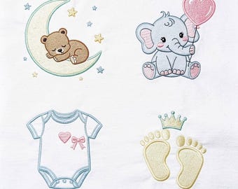 Baby Embroidery Design Set, Sleeping Bear, Elephant Balloon, Onesie, Footprints (Digital Download)