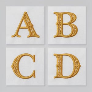 Può includere: Quattro toppe quadrate in tessuto bianco, ciascuna con una singola lettera ricamata in filo dorato metallizzato. Le lettere A, B, C e D sono visualizzate in un carattere serif con un motivo a reticolo decorativo e complesso cucito all'interno.