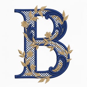 May include: Embroidered letter "B" in navy blue with gold floral accents. The letter features a lattice design within its form, and is adorned with gold leaves and flowers, creating an elegant, decorative monogram.