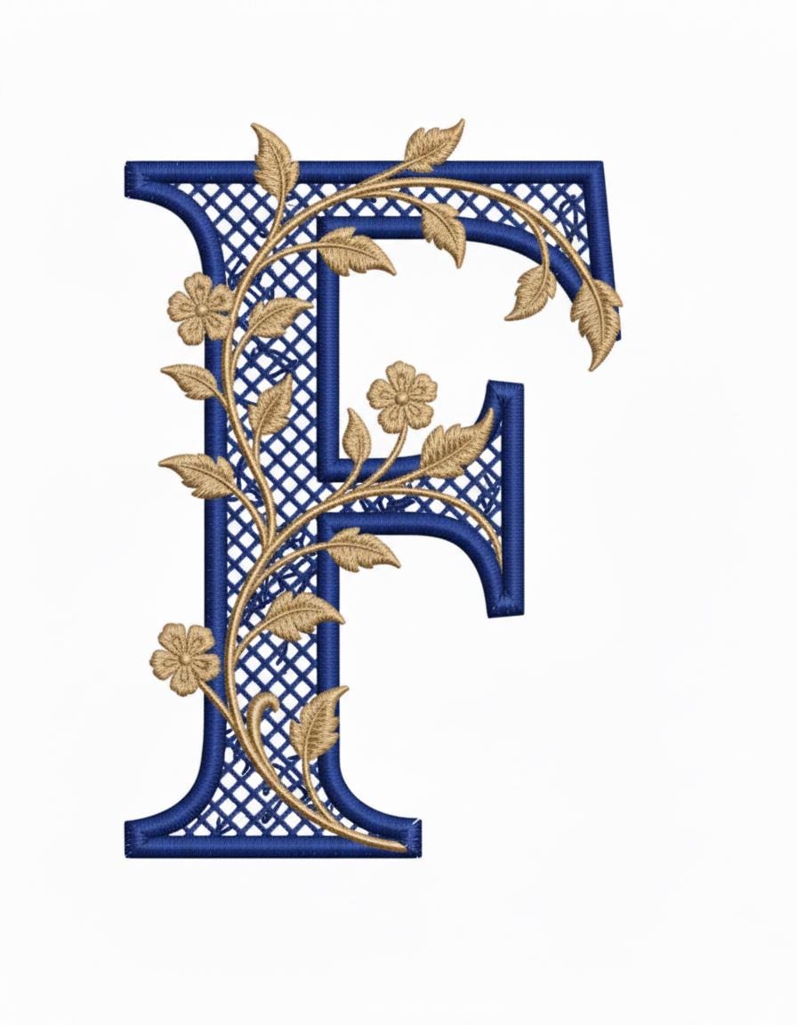 Floral Monogram Letter F Embroidery Design, Gold & Navy Initial ...