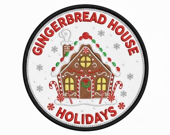 Diseño de bordado de casa de jengibre: Parche redondo navideño (archivo digital)