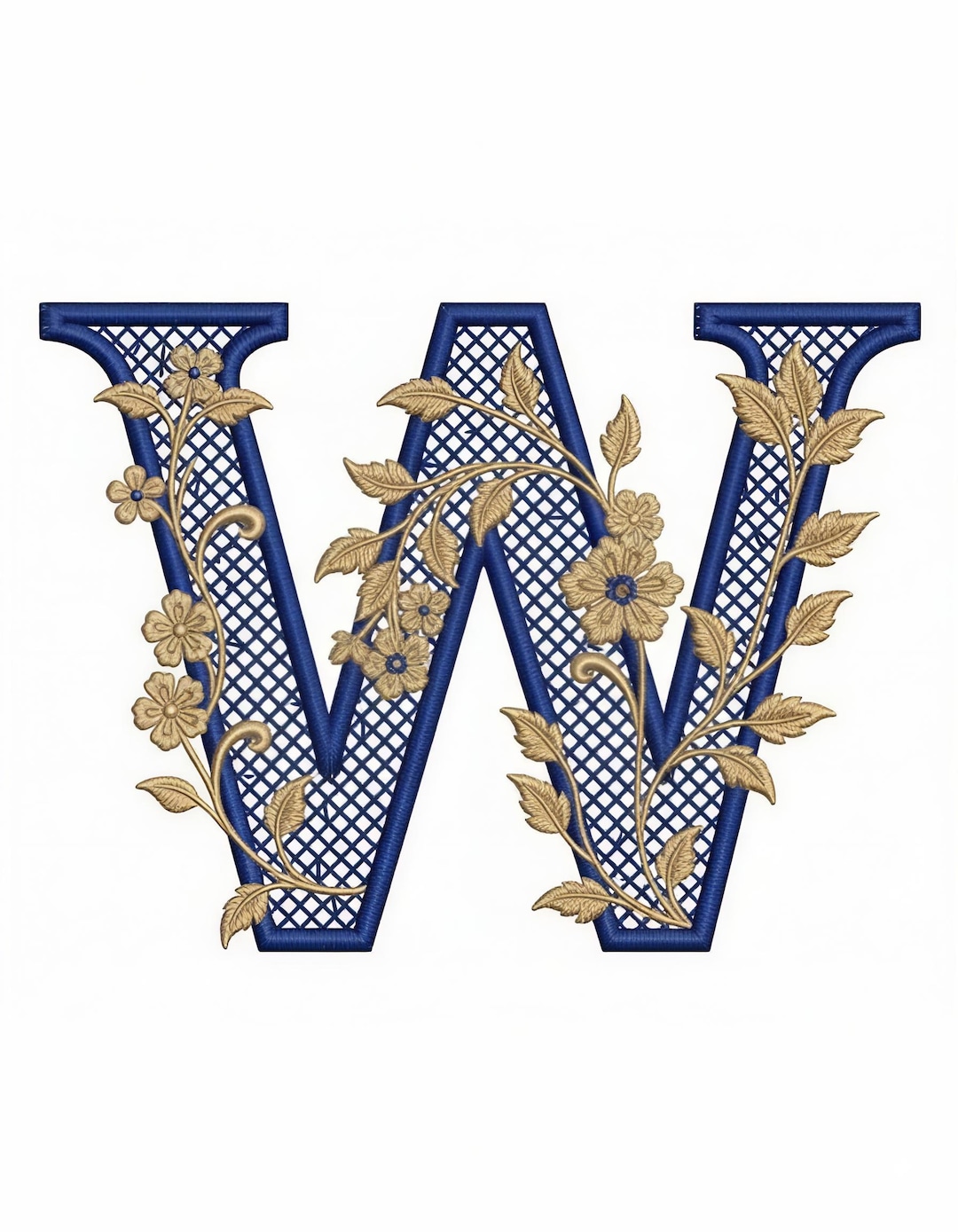 Floral Letter W Embroidery Design, Navy Gold Monogram (digital File) - Etsy