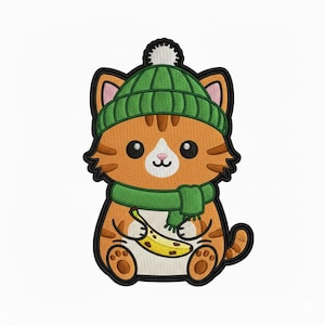 May include: Embroidered patch of an orange cartoon cat wearing a green beanie and scarf, holding a yellow banana. The patch has a black border and is set against a white background.