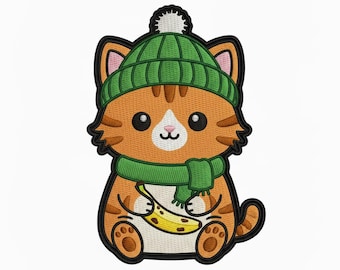 Kawaii Cat Embroidery Design – Orange Tabby, Winter Hat (Digital Stitch Pattern)