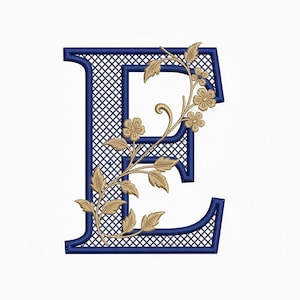 May include: Embroidered letter "E" in navy blue with a lattice design. A gold floral vine with leaves and flowers decorates the letter. The design is set against a white background.