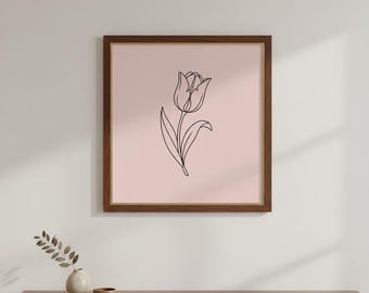 Impresión artística minimalista de tulipanes, decoración de pared rosa (descarga digital)