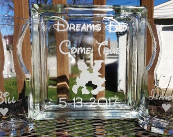 Personalized - Glass Block - Sand Ceremony Set - Disney - pouring vases - Dreams Do Come True - Etched Glass Engraved Unity Set