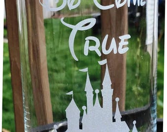 10 Engraved Wedding centerpiece Dreams Do Come True with Castle Etched Glass Vase Candle holder Princess Disney Themed Wedding