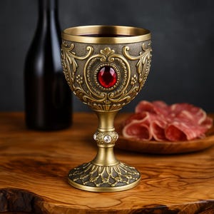 Pode incluir: Taça antiga dourada ornamentada com uma grande pedra preciosa vermelha no centro. A taça está cheia de líquido vermelho, possivelmente vinho. A taça tem intrincados desenhos florais e de volutas. Uma garrafa de vinho preta no fundo.