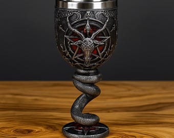 Handmade Baphomet Goblet – Resin Wicca Pagan Chalice with Stainless Steel Cup