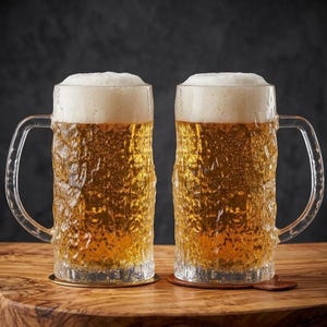 Peut inclure: Deux grands chopes à bière remplies de bière dorée et surmontées d'une épaisse couche de mousse blanche. Les chopes ont un design texturé en forme d'écorce d'arbre et des poignées transparentes. Elles reposent sur des dessous de verre en bois sur une table en bois.
