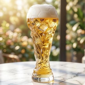 Puede incluir: Una original copa de cerveza con forma de trofeo, llena de cerveza dorada y cubitos de hielo, coronada con espuma. La copa está sobre una mesa de mármol, con un fondo borroso al aire libre. El diseño de la copa se asemeja a un balón de fútbol.