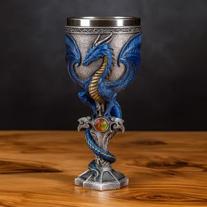 May include: A decorative goblet with a blue dragon design. The goblet features a silver-colored rim and base, with a detailed dragon sculpture in blue and gold. A colorful jewel is set in the stem.