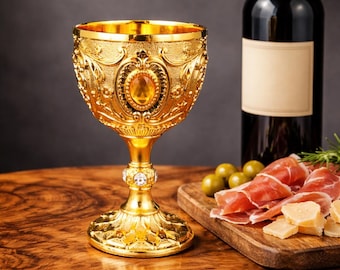 May include: Ornate gold-colored chalice with intricate detailing and a central amber-colored stone. A bottle of red wine, olives, cured meat, and cheese are arranged on a wooden surface, suggesting a wine and food pairing.