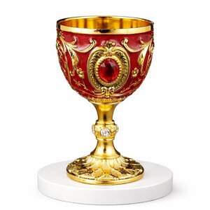 May include: A decorative chalice with a gold-colored stem and base, and a red cup. The cup is adorned with gold filigree and a central red gemstone. The chalice is on a white surface.