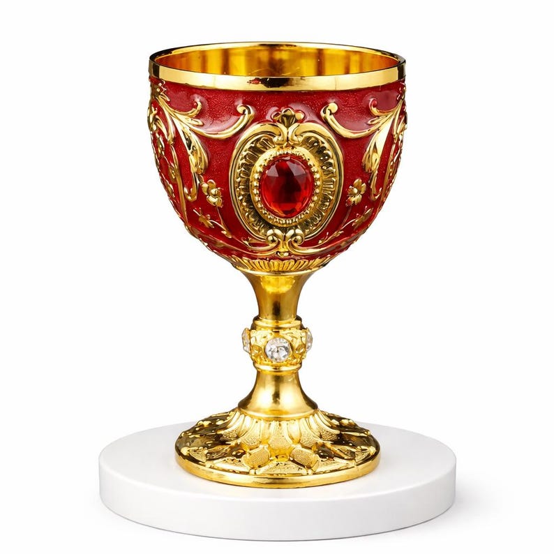 May include: A decorative chalice with a gold-colored stem and base, and a red cup. The cup is adorned with gold filigree and a central red gemstone. The chalice is on a white surface.