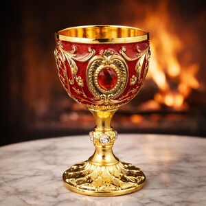 May include: Ornate, gold-colored chalice with a red enamel exterior and a large, red gemstone. The chalice features intricate floral and scrollwork designs. The interior is gold, and the base is decorated with floral patterns. A decorative piece.