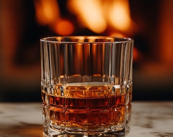 May include: A clear, patterned glass filled with amber liquid, likely whiskey or bourbon. The glass sits on a marble surface, with a blurred fireplace in the background, creating a warm, inviting atmosphere. The glass has a thick base and a textured design.
