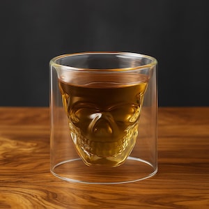 Peut inclure: Un verre clair à double paroi avec un intérieur en forme de crâne. Le verre est rempli d'un liquide de couleur dorée, probablement une boisson. Le verre repose sur une surface en bois avec un fond sombre.