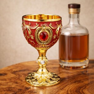 May include: Ornate gold-colored goblet with a red interior and a large red gem. The goblet has intricate detailing and sits on a gold base. A clear glass bottle with a brown liquid is in the background.