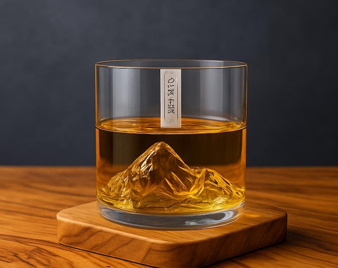 Japanese 3D Mountain Whiskey Glass – Luxury Old Fashioned Rocks Glass with Wooden Gift Box