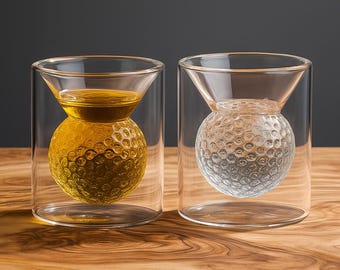 Luxus Golf Ball Whisky Gläser Set - 2 Stück 50ml doppelwandige Schnapsgläser | Einzigartige Borosilikatglas Becher für Whisky, Scotch & Geschenke