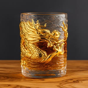 Verre à whisky en cristal fait main : gobelet gravé d'un dragon doré