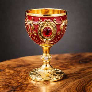 May include: Ornate, gold-colored chalice with a red enamel finish. The chalice features intricate gold filigree and a large, central red gemstone. The base and rim are also gold, creating a luxurious appearance. A decorative piece.