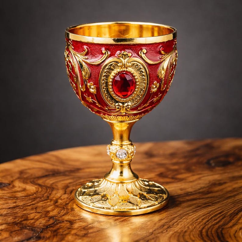 May include: Ornate, gold-colored chalice with a red enamel finish. The chalice features intricate gold filigree and a large, central red gemstone. The base and rim are also gold, creating a luxurious appearance. A decorative piece.