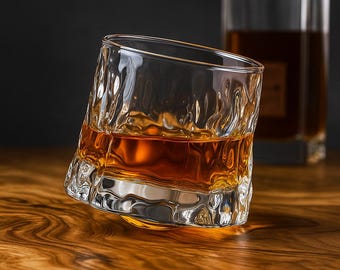Rotating Whiskey Glass with Wooden Base: Crystal Cocktail Tumbler