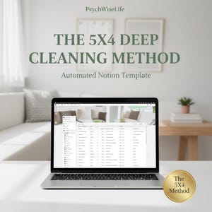 May include: A laptop displaying a Notion template, with the text "THE 5X4 DEEP CLEANING METHOD" and "Automated Notion Template." A gold circular badge in the bottom right corner reads "The 5X4 Method."