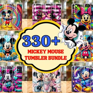 Puede incluir: Una colección de vasos con diseños coloridos y estampados de Mickey Mouse y Minnie Mouse. Los vasos tienen varios fondos, incluyendo remolinos, corazones y estrellas. La imagen también incluye el texto "330+ Mickey Mouse Tumbler Bundle."