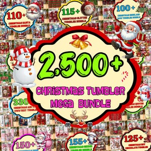 Könnte beinhalten: Werbebild für ein Weihnachtsbecher-Mega-Bundle. Das zentrale Design zeigt den Text "2.500+ CHRISTMAS TUMBLER Mega BUNDLE" in Grün und Rosa, umgeben von weihnachtlichen Grafiken und Symbolen, darunter der Weihnachtsmann und ein Schneemann.