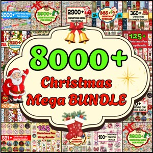 Puede incluir: Un gráfico festivo con el texto "8000+ Christmas Mega BUNDLE" en rojo y verde. La imagen presenta elementos navideños, incluyendo a Papá Noel, medias navideñas y otros gráficos con números y palabras relacionadas con la Navidad.