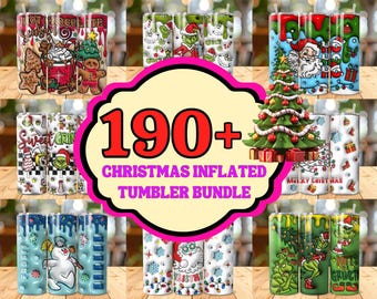 May include: A collection of Christmas-themed tumblers with various designs, including Santa Claus, Christmas trees, snowmen, and gingerbread men. The tumblers feature vibrant colors and festive patterns, with the text "190+ Christmas Inflated Tumbler Bundle".