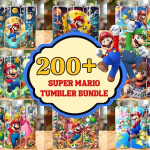 May include: A collection of Super Mario-themed tumblers with various designs featuring Mario, Luigi, and other characters. The tumblers have colorful illustrations and the text "200+ SUPER MARIO TUMBLER BUNDLE" is displayed in the center.
