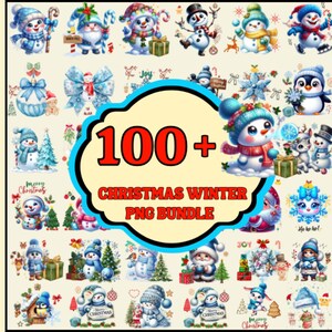 May include: A collection of watercolor Christmas and winter-themed PNG graphics. The image features snowmen, penguins, and other festive elements. Text reads "100+ Christmas Winter PNG Bundle".