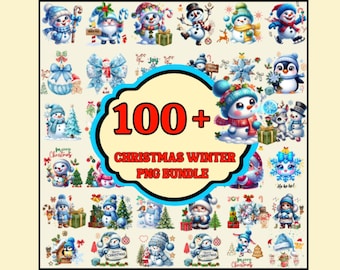 May include: A collection of watercolor Christmas and winter-themed PNG graphics. The image features snowmen, penguins, and other festive elements. Text reads "100+ Christmas Winter PNG Bundle".