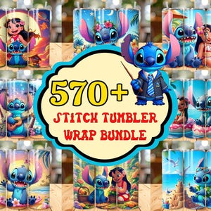 Może przedstawiać: Kolekcja kolorowych kubków z motywami Stitcha z filmu Lilo & Stitch. Kubki przedstawiają różne sceny z Stitchem i Lilo, z tekstem "570+ Stitch Tumbler Wrap Bundle".
