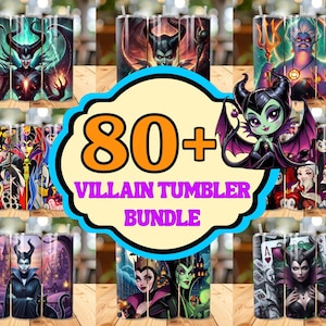 May include: A collection of stainless steel tumblers featuring various Disney villains. The tumblers showcase colorful illustrations of characters like Maleficent, Ursula, and the Evil Queen. The image includes the text "80+ Villain Tumbler Bundle".