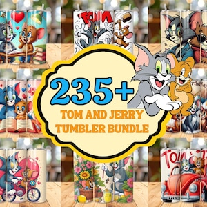 May include: A collection of Tom and Jerry themed tumblers. The image features various designs with the cartoon characters, including scenes with books, hearts, and a red car. The text "235+ TOM AND JERRY TUMBLER BUNDLE" is also visible.