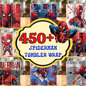 May include: A selection of Spiderman-themed tumbler wraps. The designs showcase Spiderman in action, spiderwebs, and comic book graphics. The tumblers are in red, blue, and black. The image also includes the text "450+ Spiderman Tumbler Wrap".