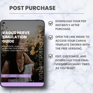 K&ouml;nnte beinhalten: Ein digitales Tablet zeigt einen Leitfaden mit dem Titel "Vagus Nerve Simulation Guide". Der Leitfaden verspricht, die nat&uuml;rliche Ruhe und Widerstandsf&auml;higkeit des K&ouml;rpers zu aktivieren. Das Bild enth&auml;lt auch Text zum Herunterladen eines PDFs, zum Zugriff auf eine Canva-Vorlage und zum Bearbeiten der endg&uuml;ltigen Version.