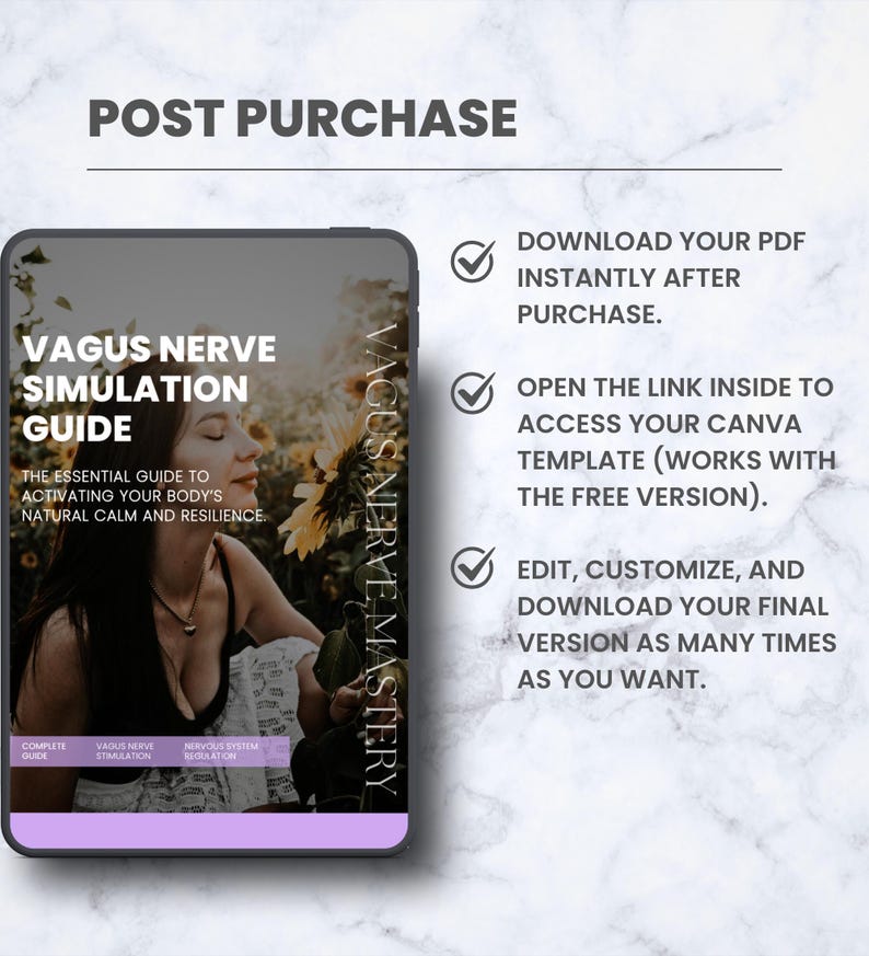 K&ouml;nnte beinhalten: Ein digitales Tablet zeigt einen Leitfaden mit dem Titel "Vagus Nerve Simulation Guide". Der Leitfaden verspricht, die nat&uuml;rliche Ruhe und Widerstandsf&auml;higkeit des K&ouml;rpers zu aktivieren. Das Bild enth&auml;lt auch Text zum Herunterladen eines PDFs, zum Zugriff auf eine Canva-Vorlage und zum Bearbeiten der endg&uuml;ltigen Version.