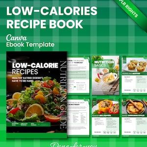 PLR Canva-sjabloon voor een receptenboek met caloriearme recepten voor gezondheidscoaches, leadmagneet voor een afslankkookboek, kant-en-klare hulpmiddelen voor een gezond maaltijdplan.