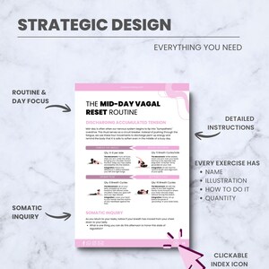 K&ouml;nnte beinhalten: Eine rosa-wei&szlig;e Infografik mit dem Titel &bdquo;The Mid-Day Vagal Reset Routine&ldquo; mit detaillierten &Uuml;bungsanweisungen. Das Design umfasst Illustrationen, &Uuml;bungsnamen und Mengen.
