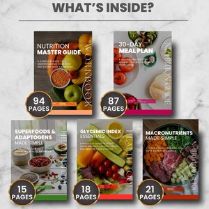 May include: A selection of nutrition guides, such as "Nutrition Master Guide" and "30-Day Meal Plan." Each guide showcases food imagery and page counts in circular badges. The guides aim to provide nutritional information and meal planning advice.