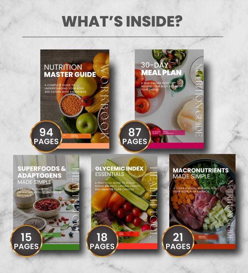 May include: A selection of nutrition guides, such as "Nutrition Master Guide" and "30-Day Meal Plan." Each guide showcases food imagery and page counts in circular badges. The guides aim to provide nutritional information and meal planning advice.