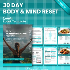 Puede incluir: Una plantilla de libro electrónico digital titulada "30 Day Body & Mind Reset" con un diseño turquesa y blanco. La portada presenta a una mujer con los brazos levantados y el texto "30-Day Transformation Program". Páginas adicionales muestran contenido de fitness y nutrición. También es visible el texto "Canva Ebook Template".