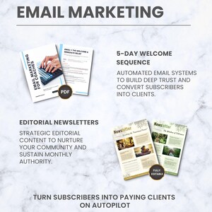 K&ouml;nnte beinhalten: Bild zur F&ouml;rderung von E-Mail-Marketing-Strategien. Der Text lautet "Email Marketing" oben. Darunter befinden sich Beispiele f&uuml;r Marketingmaterialien, darunter ein PDF-Leitfaden, eine 5-Tage-Willkommenssequenz und redaktionelle Newsletter. Ziel ist es, Abonnenten in zahlende Kunden umzuwandeln.